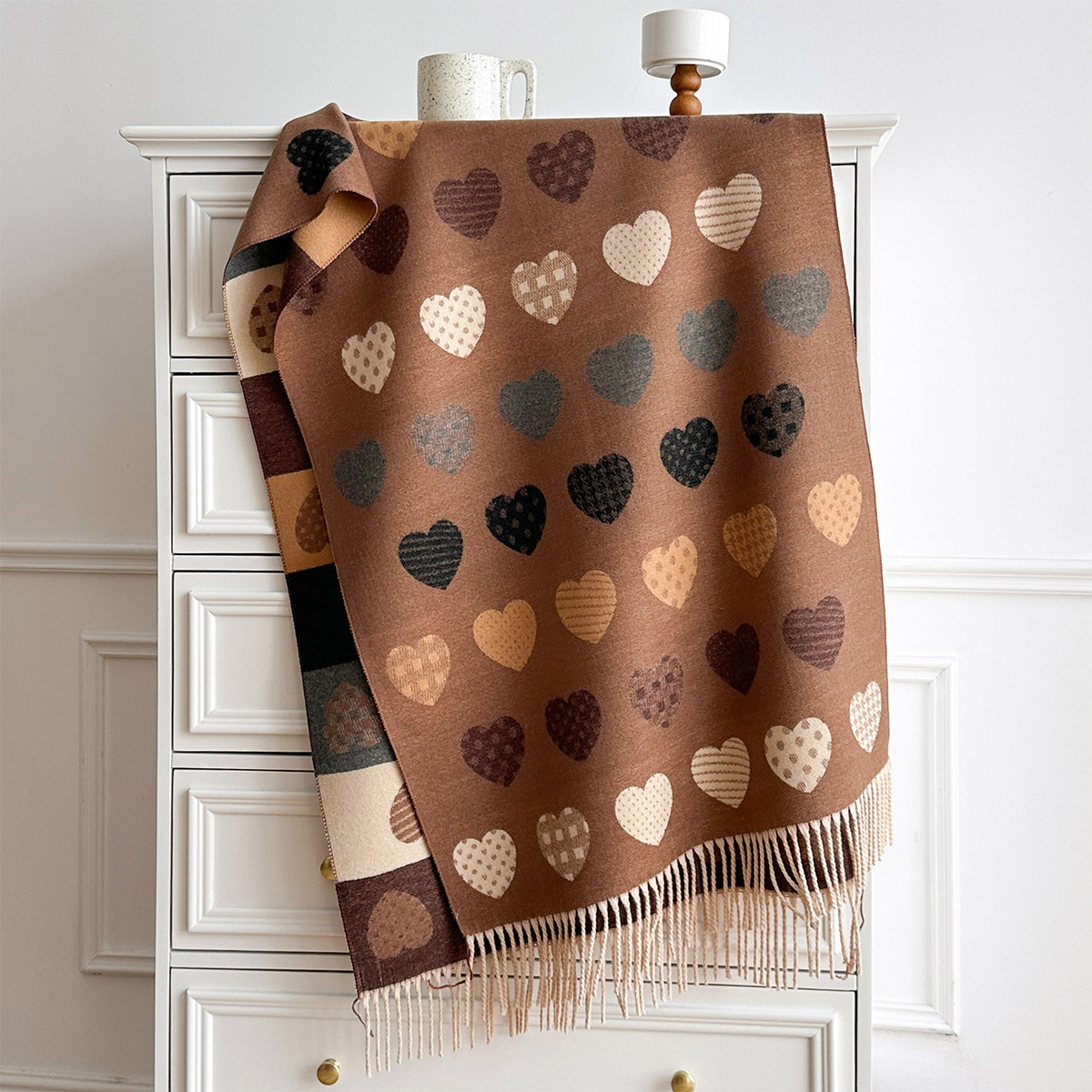 Pashmina Wrap Large - 女性用イミテーションカシミヤスカーフ フリンジ付き 厚手 暖かいショール リバーシブル 冬用プリントスカーフ