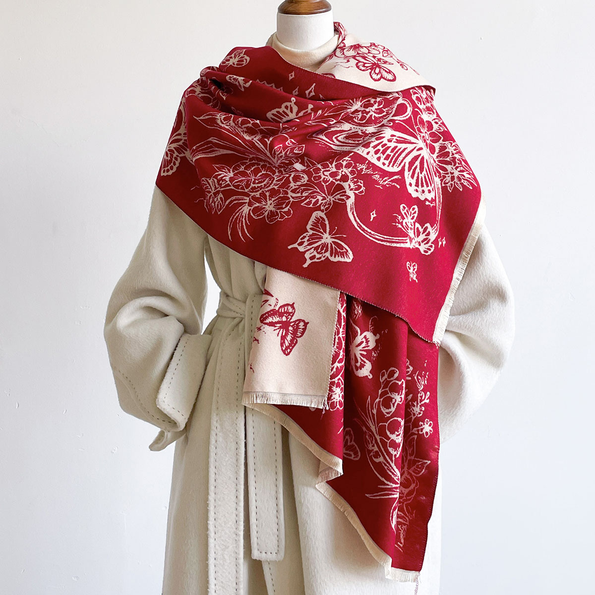 女性用イミテーションカシミヤフリンジ付きスカーフ 厚手で暖か - Pashmina Wrap Large のレビューと価格