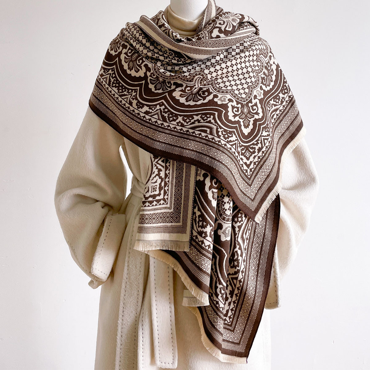 女性用イミテーションカシミヤスカーフ フリンジ付き 厚手 暖 - Pashmina Wrap Large のレビューと価格